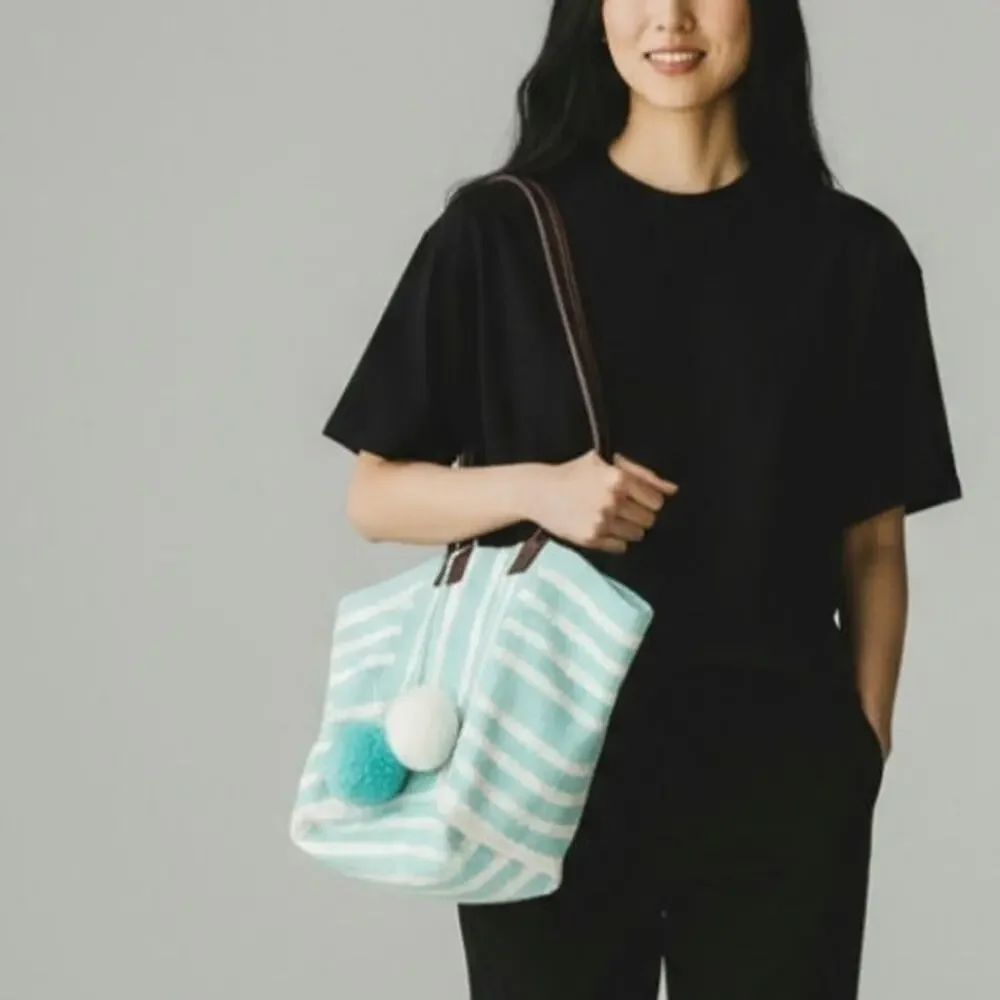 Crown & Ivy Retro Stripe Beach Tote Pom Bag
